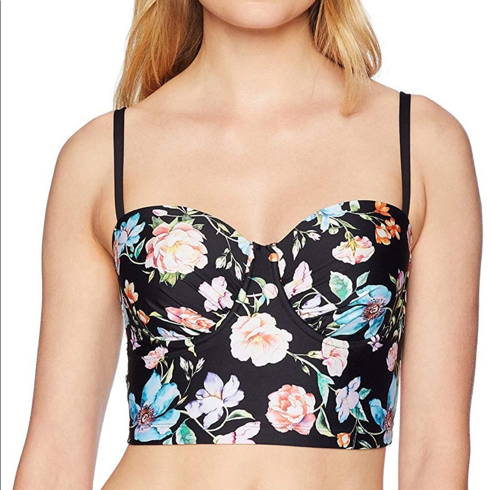 Kenneth Cole Reaction Black Floral Longline Bikini Top